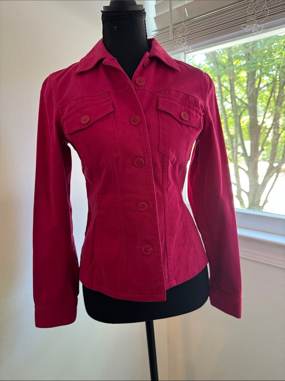 Tailored Women's Button-Front Blazer Jacket in Deep Pink